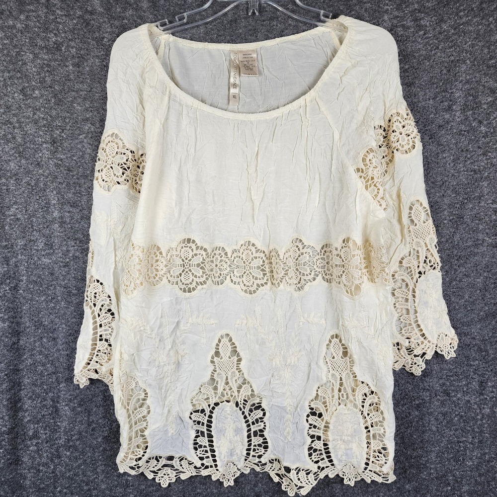 Forgotten Grace Blouse Women XL Ivory Crochet Lace Boho Crinkle Top